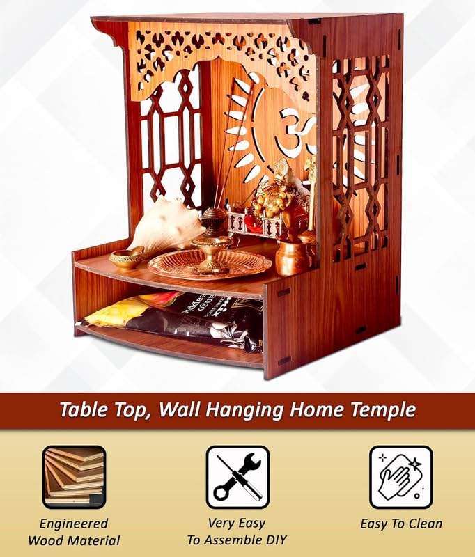 ZUPER Wood Fully Handmade Om Carved Pattern with LED Spot Light Home Temple I Temple for Office I Dev Ghar I Hanging Stand for Puja (Brown-5) (Pack of 1)