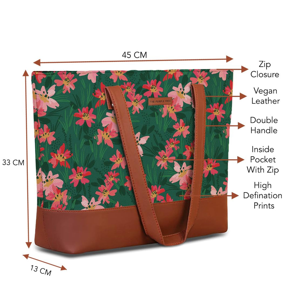 The Purple Tree Handcrafted Women's Tote Bag with Vegan Leather Handles & Indian Prints, Spring Floral Shoulder Tote and Handbag for Office and College, Oversized Tote Bag