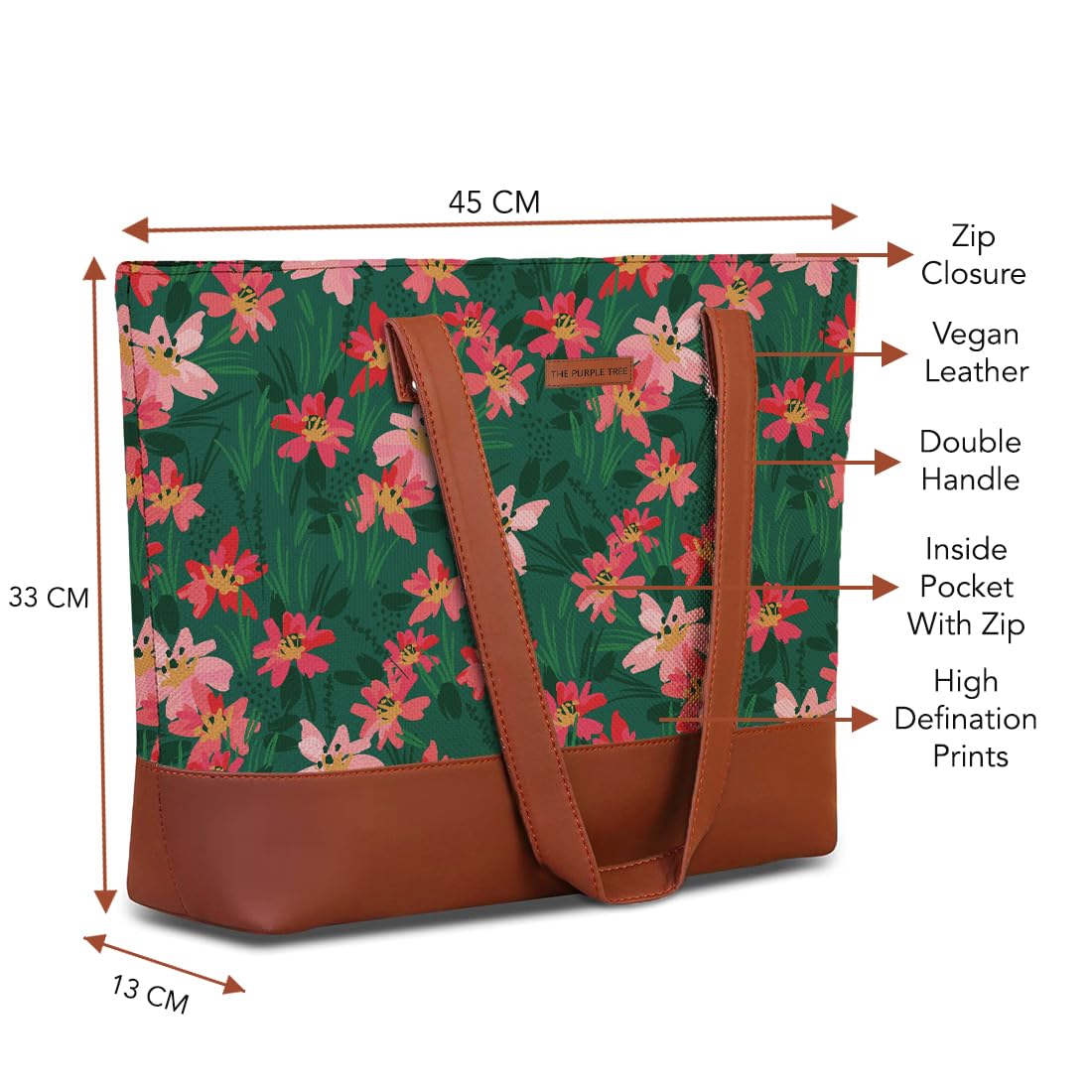 The Purple Tree Handcrafted Women's Tote Bag with Vegan Leather Handles & Indian Prints, Spring Floral Shoulder Tote and Handbag for Office and College, Oversized Tote Bag