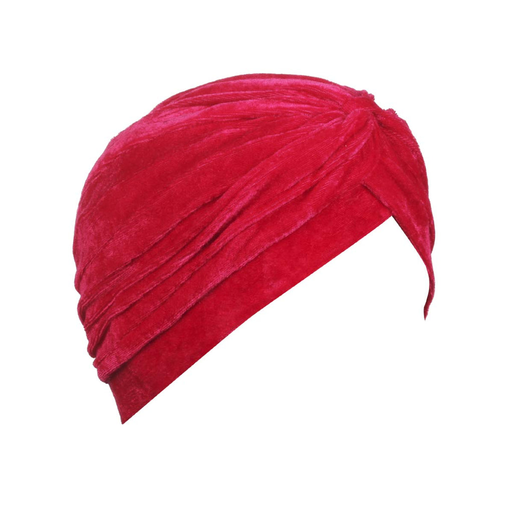 BISMAADH Velvet Soft Pleated Pre Tied Knot Readymade Turban/Pagri Head Wraps Cap for Men & Women, Red, Free Size
