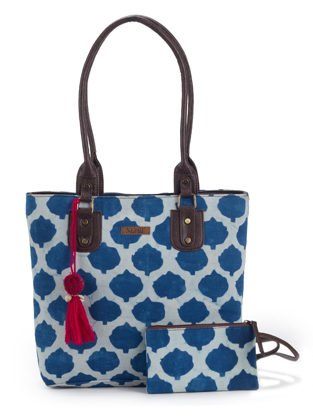 NEPRI Office Pouch Tote Bag | Stylish Set of 2 Tote Bags for Women| Vegan Leather & Handblock Printed Fabric Handbag with Double Handle Shoulder Strap| Daily & Travel Use | WPT-006-17
