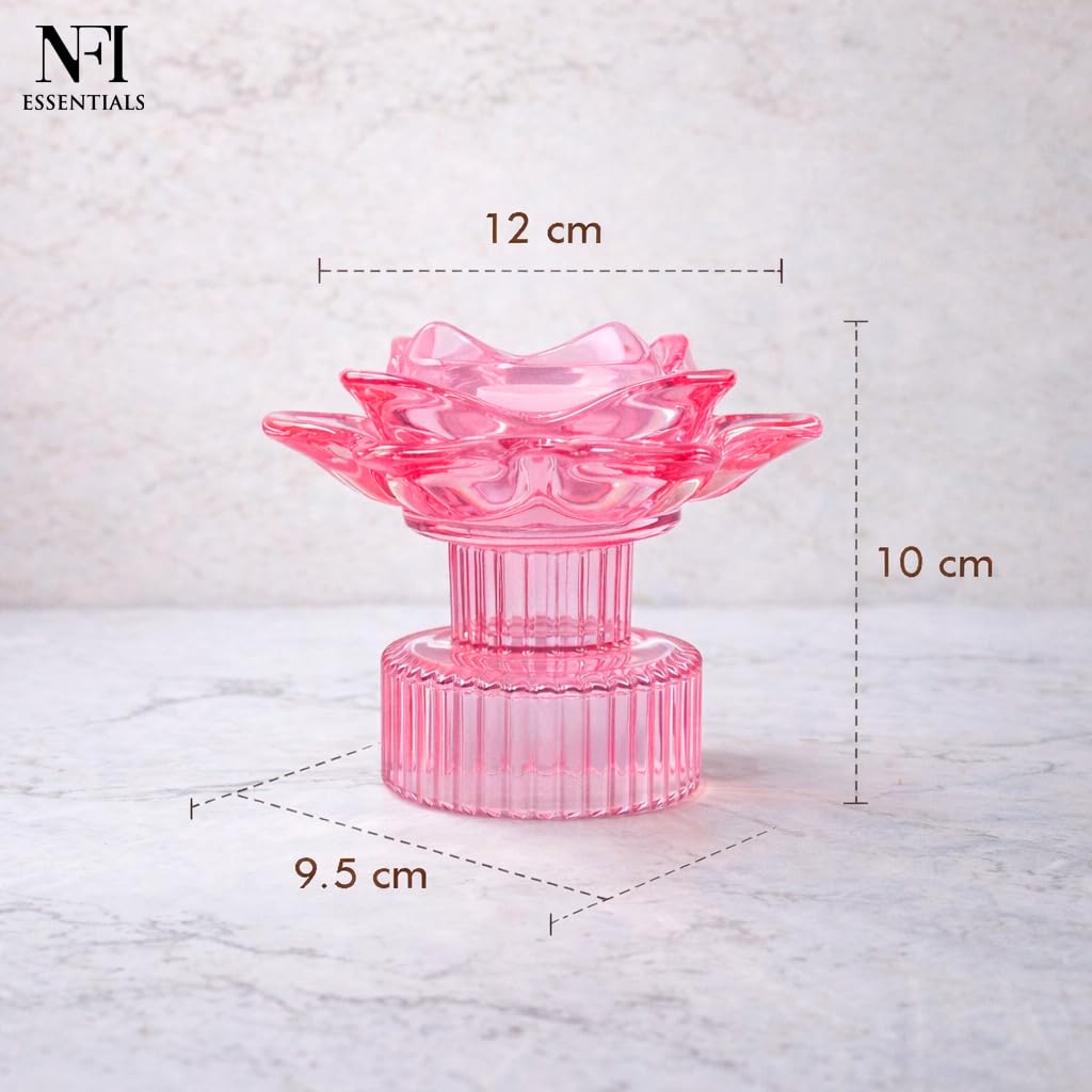 NFI essentials Tealight Lotus Flower Candle Holder with Clear Pedestal Base Artistic Centerpiece for Home Décor, Meditation, Special Occasions, and Festive Lighting