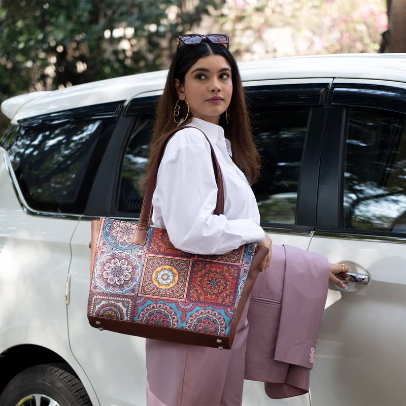 ZOUK Multicolour Mandala Printed Jute Handcrafted Vegan Leather Women's Multicolor Structured Tote Bag