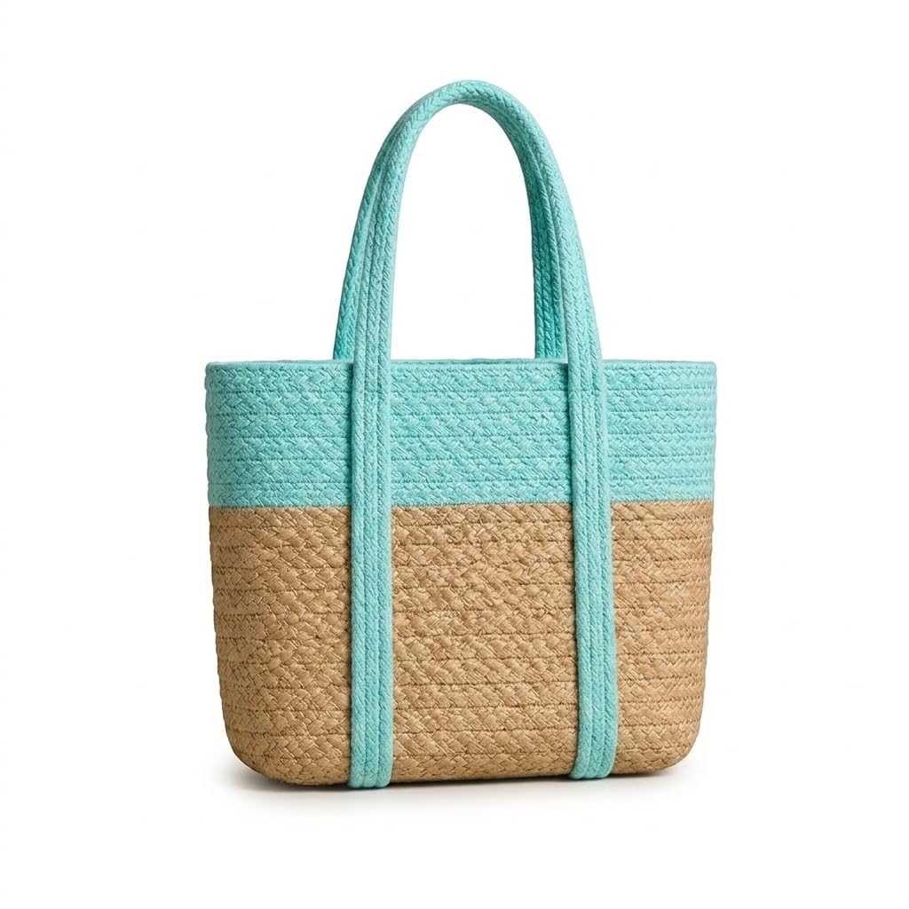 Loom & Luster Handwoven Jute Tote Bag Dual Tone Summer Shoulder Bag | Lightweight Eco-Friendly Handbag for girls and woman (Beige & Aqua)