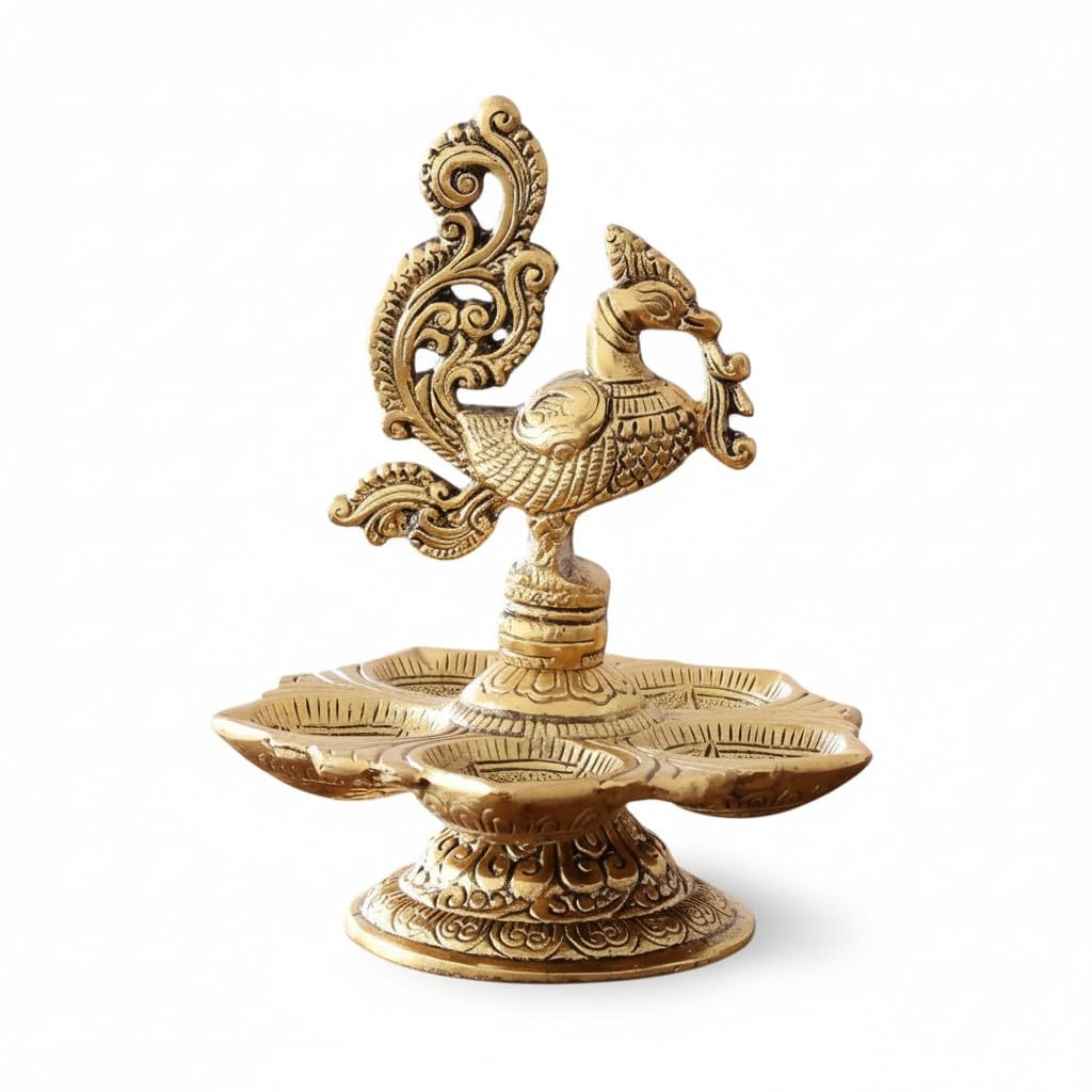 KridayKraft Metal Peacock 5-Wick Diya, 13 cm Aluminium Panch Aarti Oil Lamp/Deepak for Puja Room, Home Mandir, Diwali & Festive Decoration, Antique Gold Finish