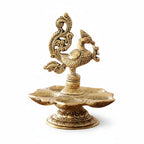 KridayKraft Metal Peacock 5-Wick Diya, 13 cm Aluminium Panch Aarti Oil Lamp/Deepak for Puja Room, Home Mandir, Diwali & Festive Decoration, Antique Gold Finish