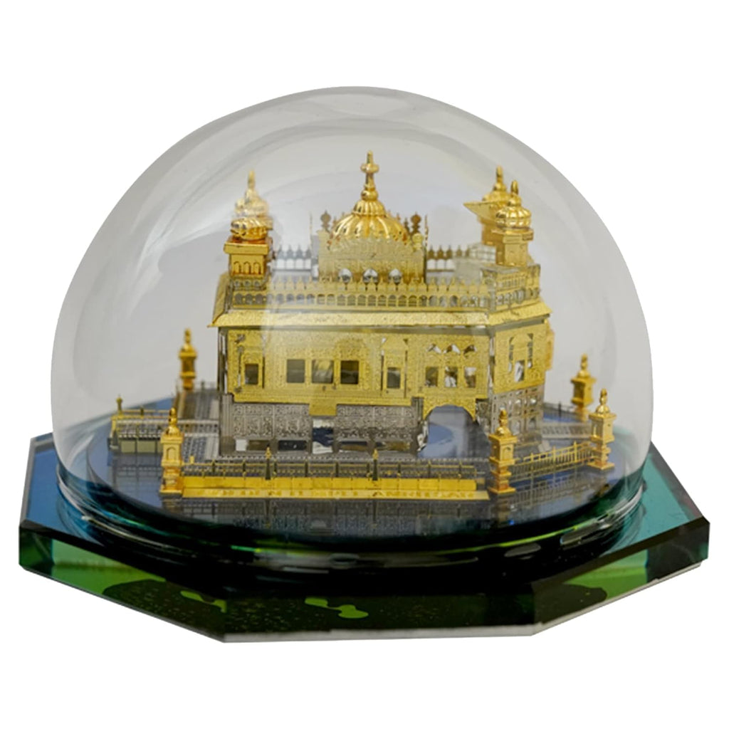 APEROL DESIGN Golden Temple Idol – Pack of 3 Miniatures Under Glass Dome | 24K Gold Plated Decorative Showpiece for Home, Office, Car Dashboard & Gifting | Size: 9×8×7.5 cm Each