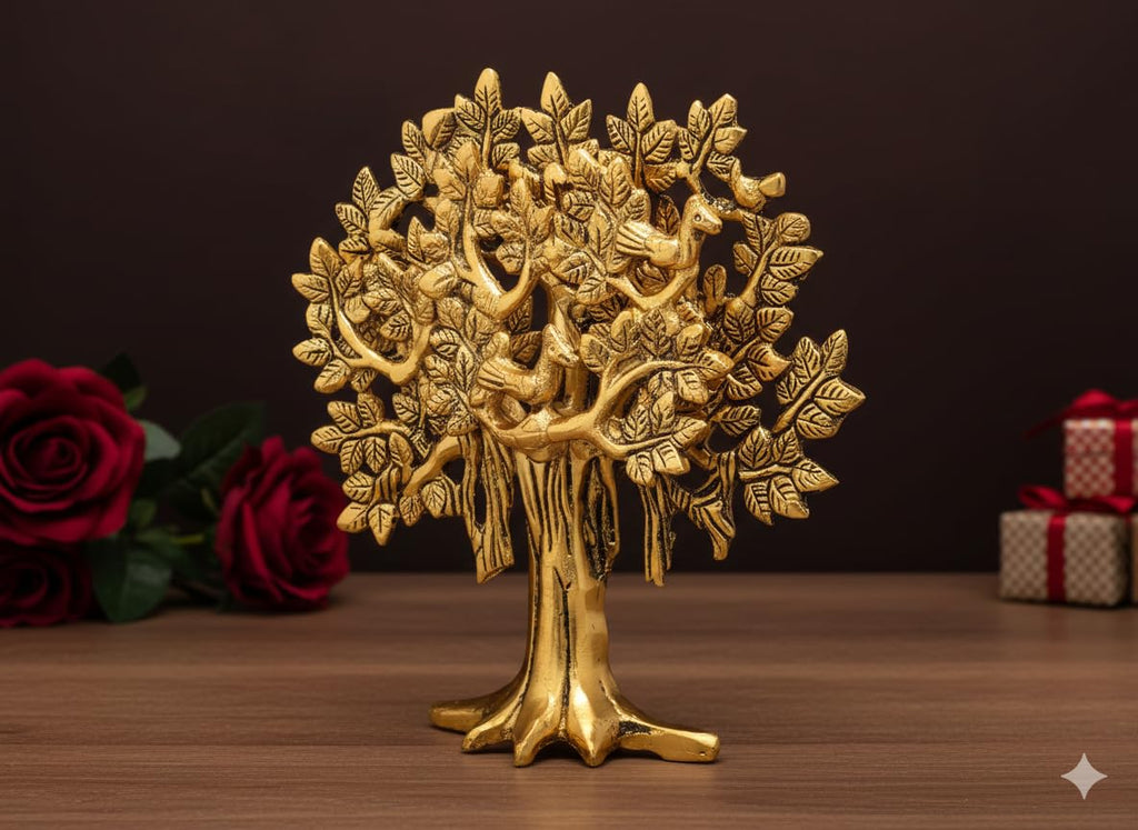 Metal Kalpavriksha Tree for Home Decor - Golden Wish Fulfilling Tree Metal Showpiece for Temple, Vastu, Office Table & Gifting Banyan (No 2 Golden)