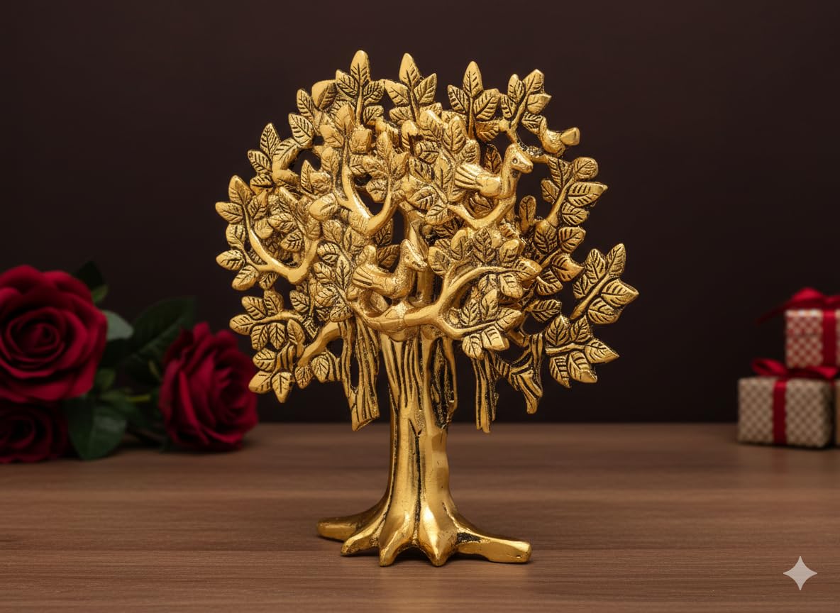 Metal Kalpavriksha Tree for Home Decor - Golden Wish Fulfilling Tree Metal Showpiece for Temple, Vastu, Office Table & Gifting Banyan (No 2 Golden)