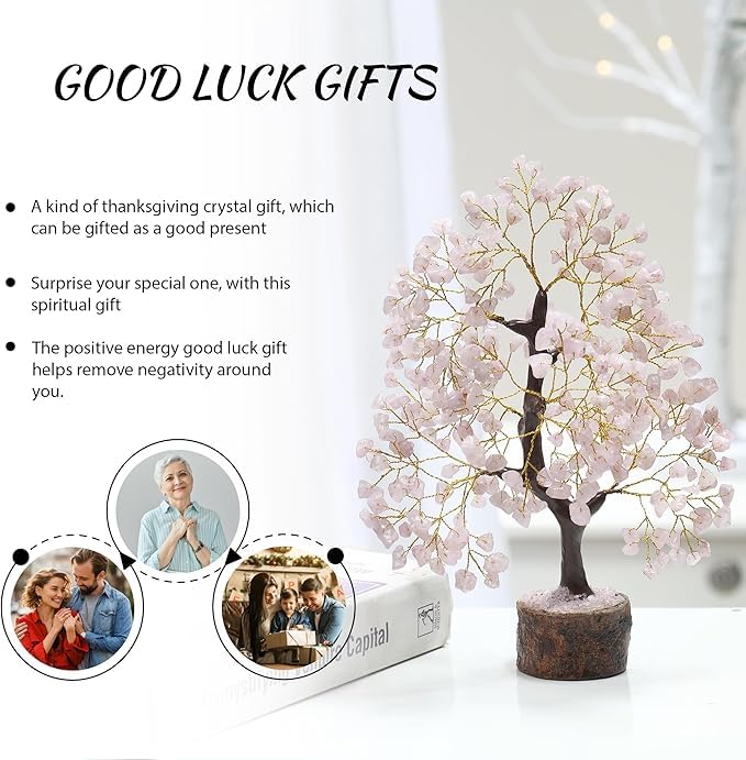 KHOLAD Rose Quartz Natural Crystal Money Tree | Feng Shui Healing Gemstone Tree for Love, Peace, Harmony & Positive Energy | Decorative Bonsai Tree for Home Decor & Office (Pink)