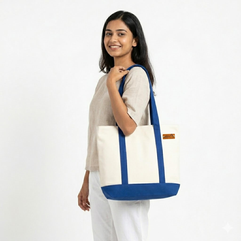Meeboo’s Tote Canvas Tote Bag Off White Medium Size 350 GSM Cotton Canvas Shoulder Bag for Women Reusable Shopping Office College Bag with Magnetic Closure (Off White Blue Handle)