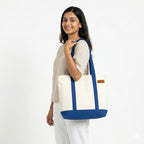 Meeboo’s Tote Canvas Tote Bag Off White Medium Size 350 GSM Cotton Canvas Shoulder Bag for Women Reusable Shopping Office College Bag with Magnetic Closure (Off White Blue Handle)