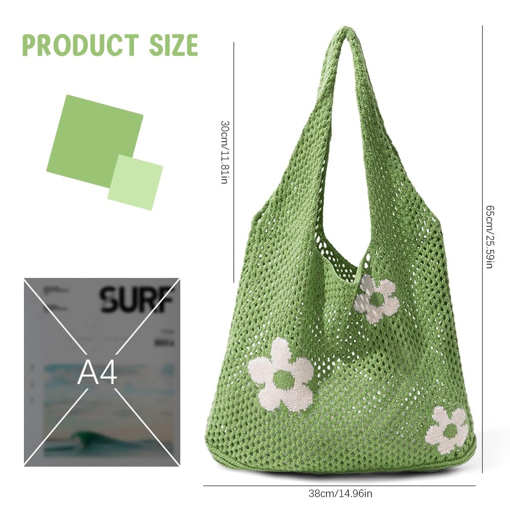 PALAY Crochet Tote Bag Floral Hollow Out Shoulder Green for Beach Days