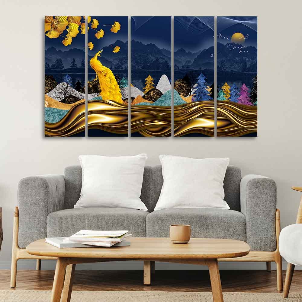 VIBECRAFTS Golden Peacock in Forest Premium Wall Painting Set of Five For Home|Office|Living Room|Gift (PTVC5Pcs4_8584)