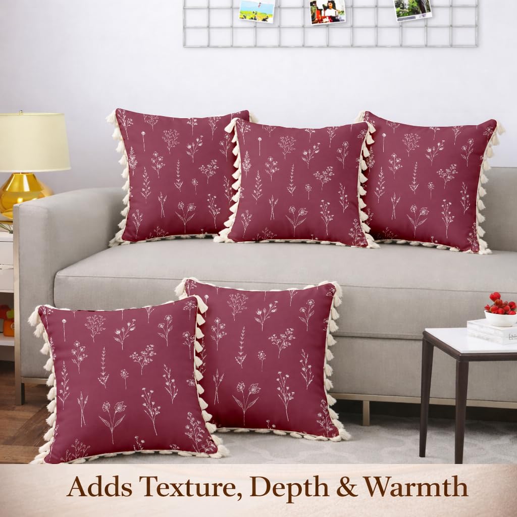 STITCHNEST 'Little Meadow Series' Tassled Cushion Cover | Set of 5 | Floral Cushion Cover 16 inch x 16 inch
