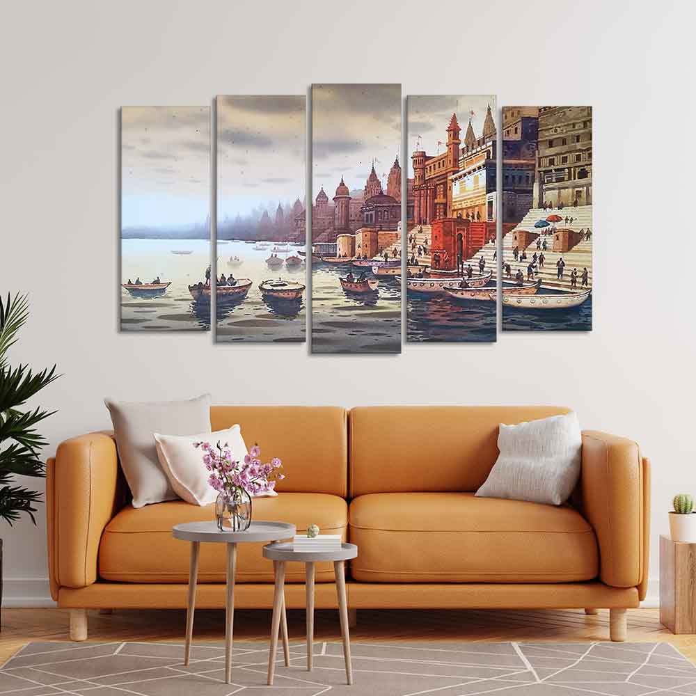 VIBECRAFTS Beautiful Ganga Ghat Canvas Wall Painting of Five Pieces For Home|Office|Living Room|Gift (PTVC5Pcs2_6635)