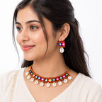 Buyent ® Handmade Mirror Work Cowrie Shell Choker Necklace with Matching Earrings | Traditional Gujarati Garba Navratri Jewellery Set | Ethnic Tribal Boho Fashion Accessories for Women & Girls