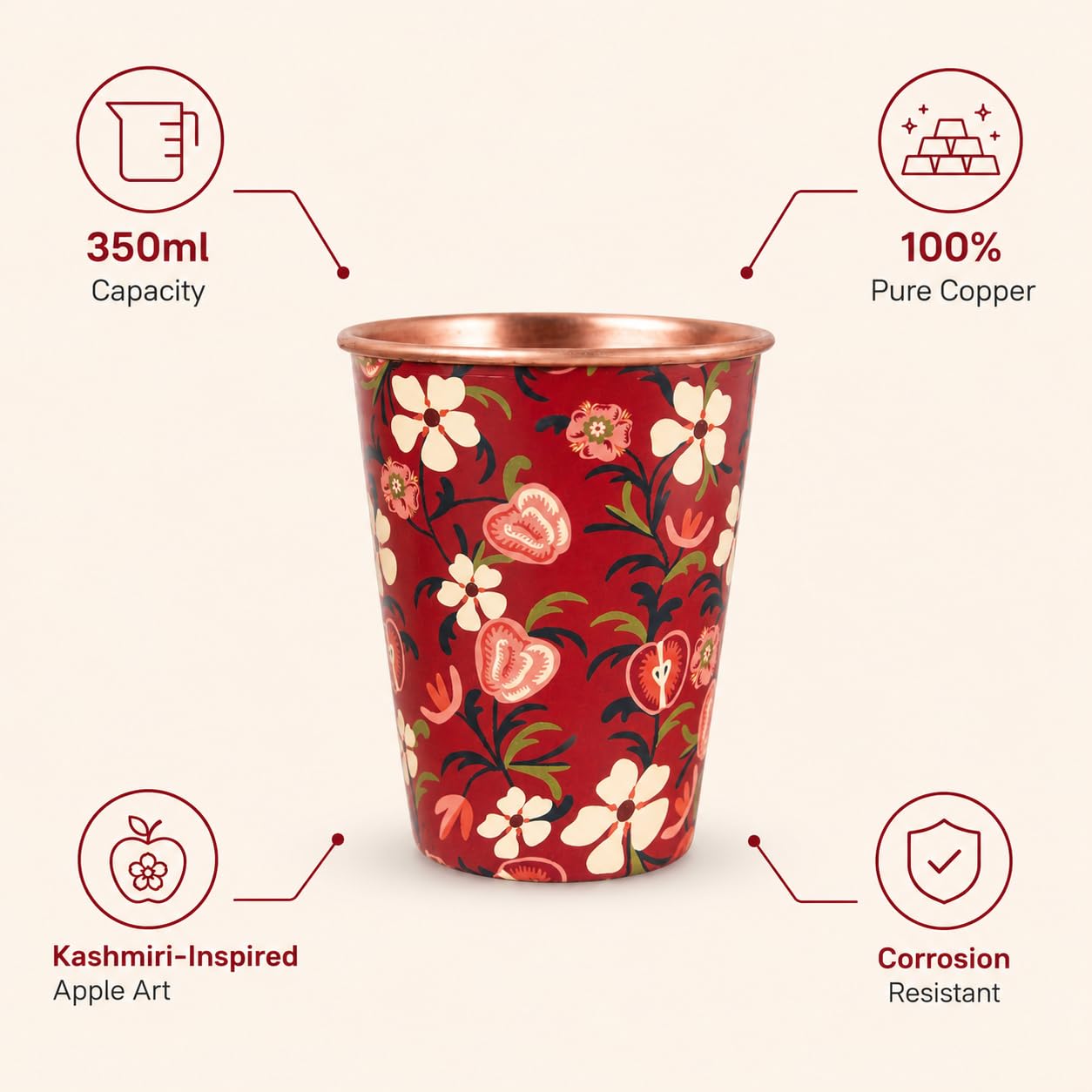 Chumbak Apple Orchards Copper Tumbler – 350 ml Ayurvedic Drinking Glass – Kashmiri-Inspired Apple Art – Wellness & Gifting | Kashmir Trails Collections