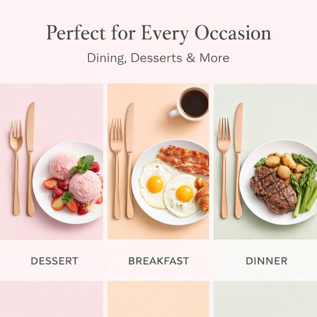 ANH MART Mirror Finish Plated Stainless Steel Flatware Set Copper Silverware Set Spoon Color Cutlery Set [Dinner Fork-Tea Spoon-Salad Spoon-Knife] Set of (Rose Gold LINEING, 24)