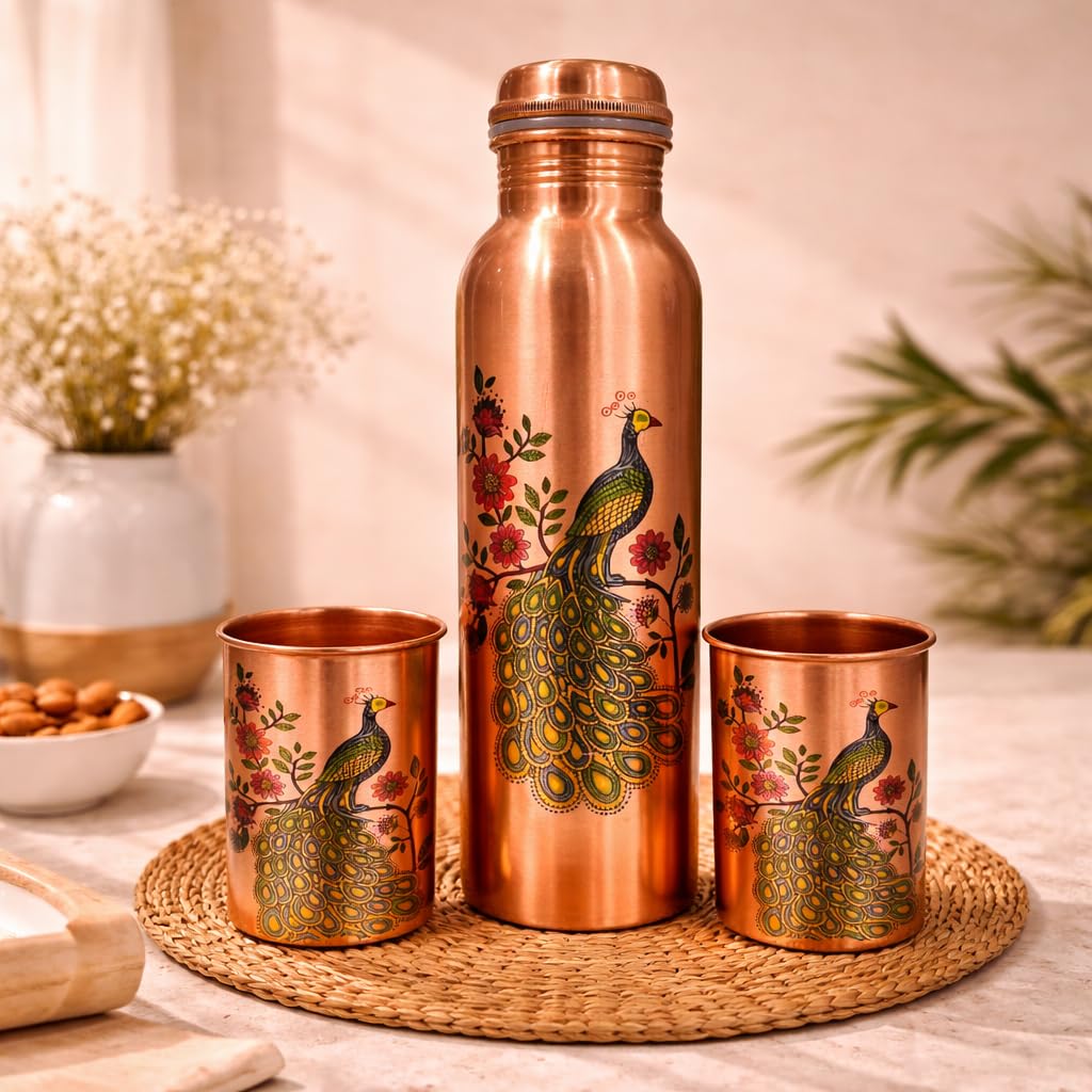 JAIPUR ACE Pure Copper Water Bottle with Glass Set Peacock Design | 100% Copper Drinking Bottle Set I Ayurvedic Health Benefits Leak Proof Premium Designer Bottle Set for Home Office (Royal Peacock)