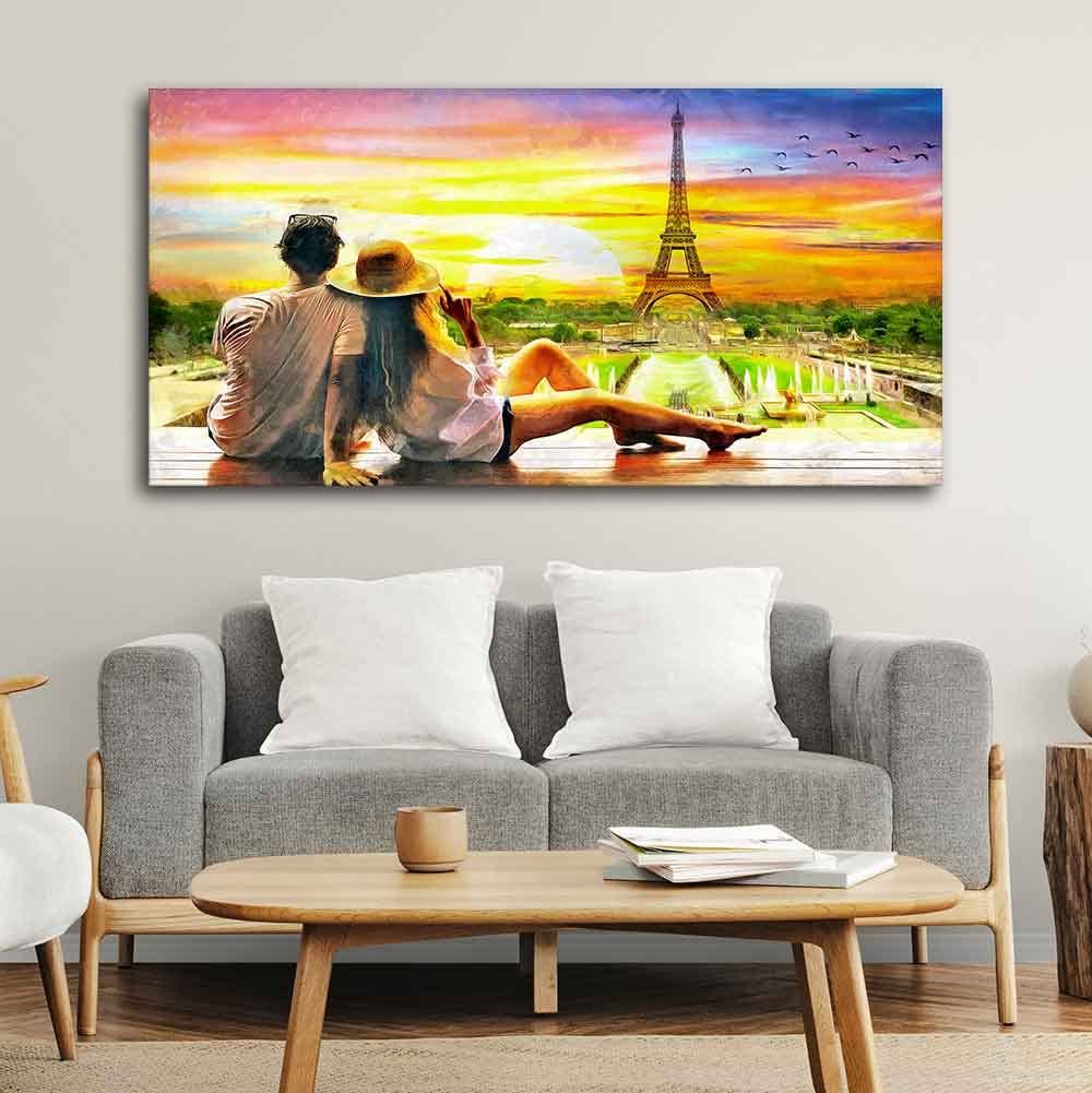 VIBECRAFTS Canvas Paintings for Living Room Drawing Room Couple Watching Sunset Paris Canvas Wall Painting Fitted With Wooden Frame For Home | Office | Living Room | Gift (PTVCH_2465)
