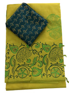 Women’s Pure South Cottonmix Sarees with Extra Kalamkari Blouse | Printed Cotton Sarees | Professional Office College Wear (Light Green Leaf)