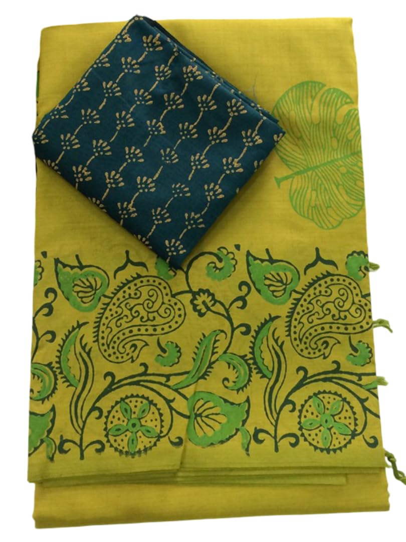 Women’s Pure South Cottonmix Sarees with Extra Kalamkari Blouse | Printed Cotton Sarees | Professional Office College Wear (Light Green Leaf)