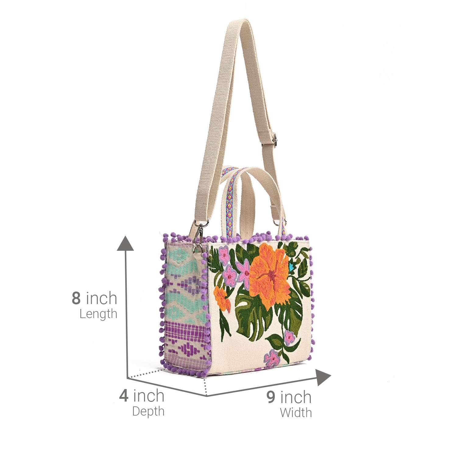Boho Girl Lavender Blooms Embellished Jacquard Mini Tote for Ladies with Adjustable Strap | Ladies Purse Handbags | Wedding Gifts for Women | Birthday Gifts for Women | Handbag with Zip