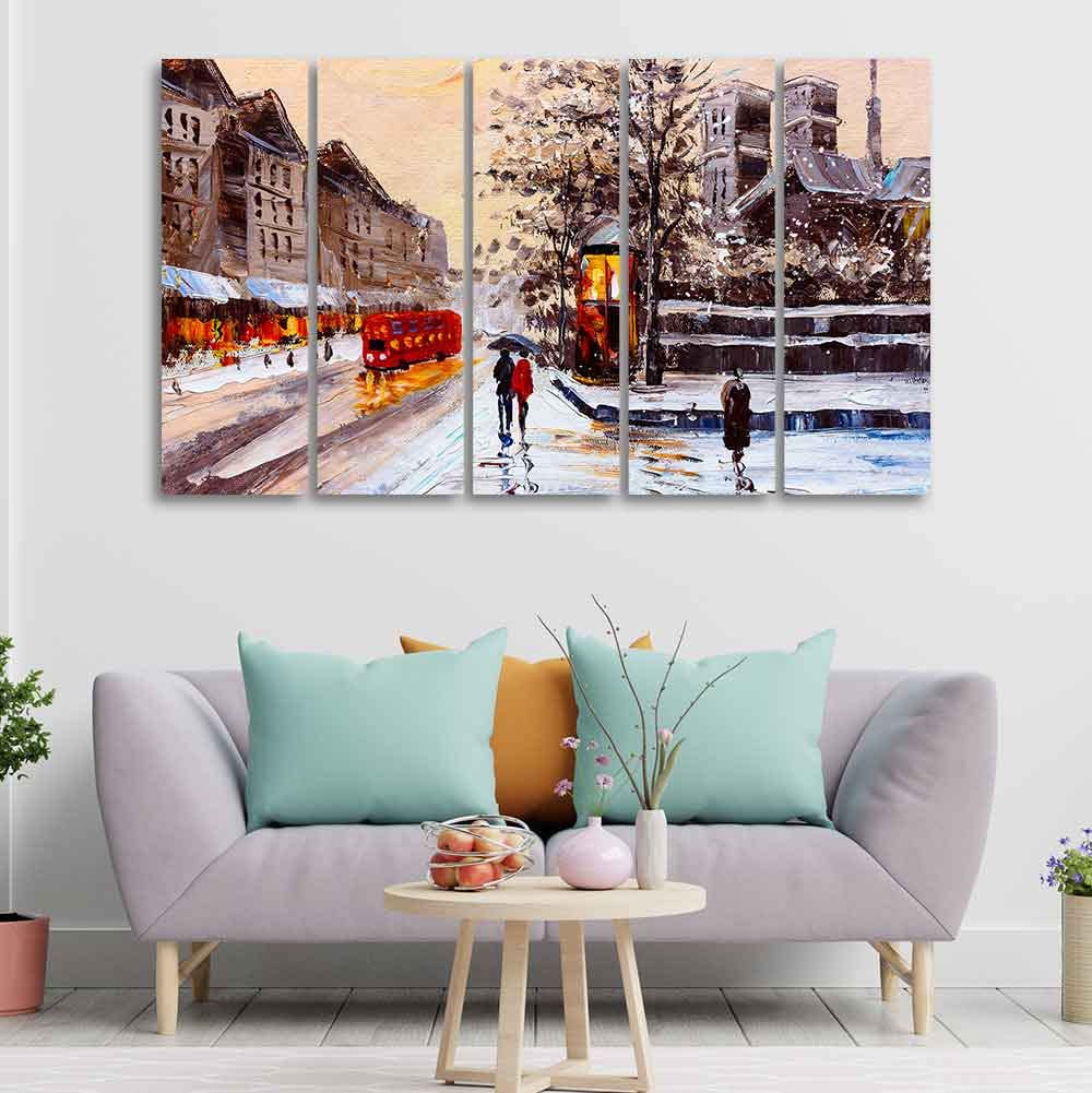 VIBECRAFTS Street View of London Five Pieces Premium Wall Painting For Home|Office|Living Room|Gift (PTVC5Pcs4_8629)