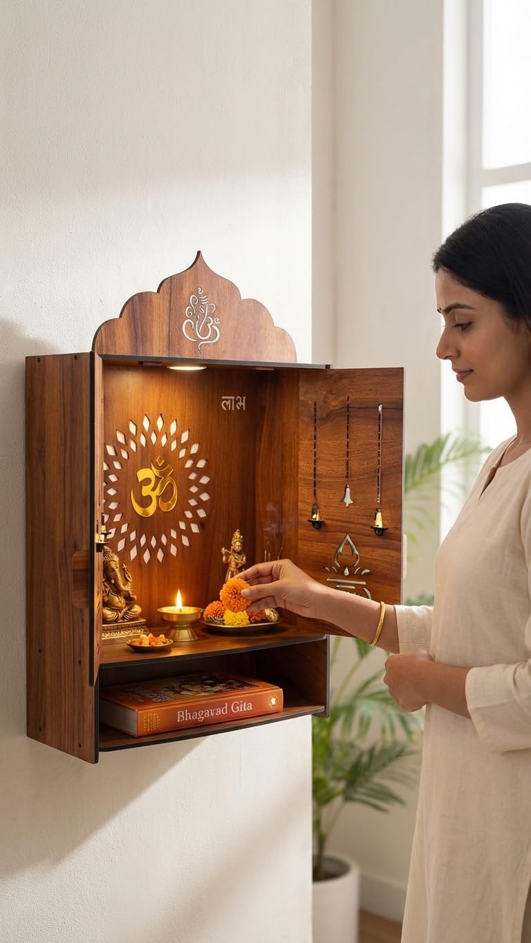 Gloridec Wooden DIY Pooja Temple for Home with Door | Pooja mandir with Door Wall Mounted Temple with LED Light | Home Mandir for Puja Room, Living Room & Office (49 x 30 x 20 CM)