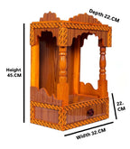 Handcrafted Wooden Mandir with Storage Drawer - Traditional Hindu Temple for Home and Office - Teak Finish Wall-Hanging Puja Shelf with Patterned Borders for Daily Prayer and Festivals.