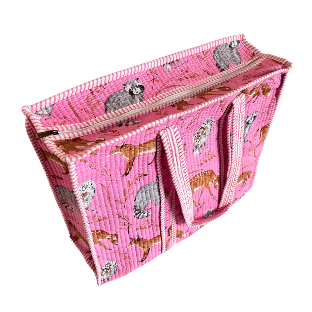 Bazaar Bhoot Edition Premium Cotton Quilted Shopping Tote Bag - Multipurpose Long Lasting Foldable Reusable Bag with zipper for Shopping, Travel & Daily Use - Made in India (Pink)