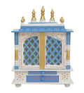 Jodhpur Handicrafts MDF Wood Home Temple Puja Mandir Home Temple Pooja Mandir with Door Pooja Room Stand (18 inch x 12 inch x 24 inch, White & Blue)
