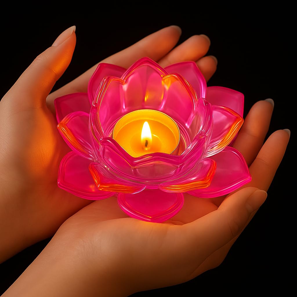 opriQ Decorative Crystal Glass Lotus Candle Holder || Beautiful Tealight Stand for Home, Office, Weddings Centerpieces & Festival Lighting(Multicolor) (Pack of 1)