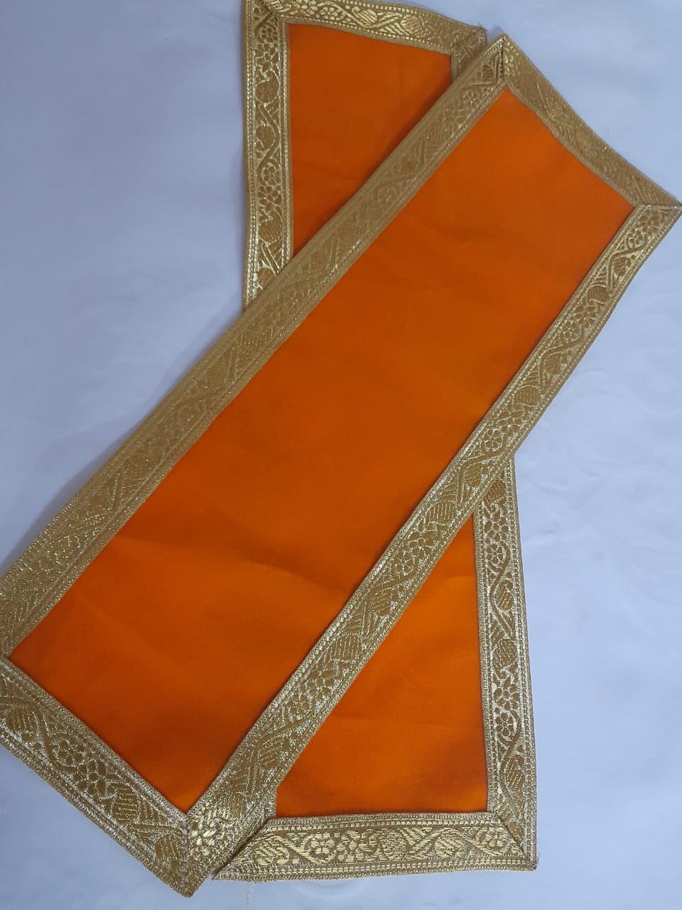 Velvet Red Pooja Cloth (10 x 30 cm ) with Golden Border I Pooja Aasan for Mandir, Temple Altar Cloth Multipurpose Red Yellow Velvet Aasan for Puja Cloth Mat (Pack of 4)