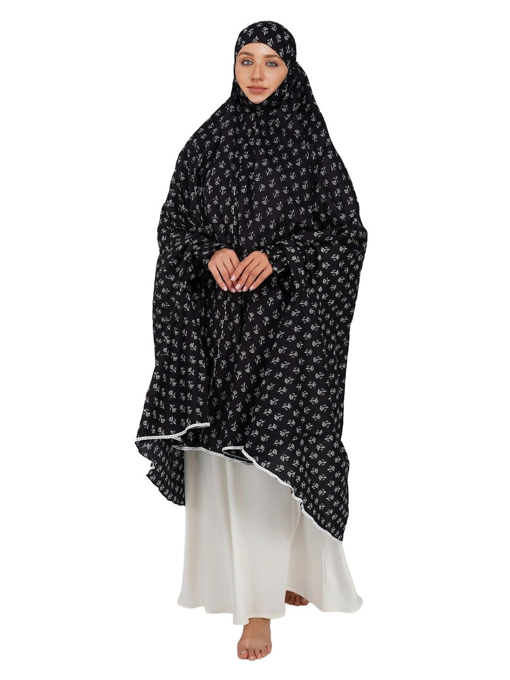 ANA Eshaal Black Floral Prayer Dress – Pure Cotton Prayer Dress with Tie Knot, 50″ Front × 58″ Back | Attached Sleeves | Lightweight, Breathable for Hajj, Umrah & Salah