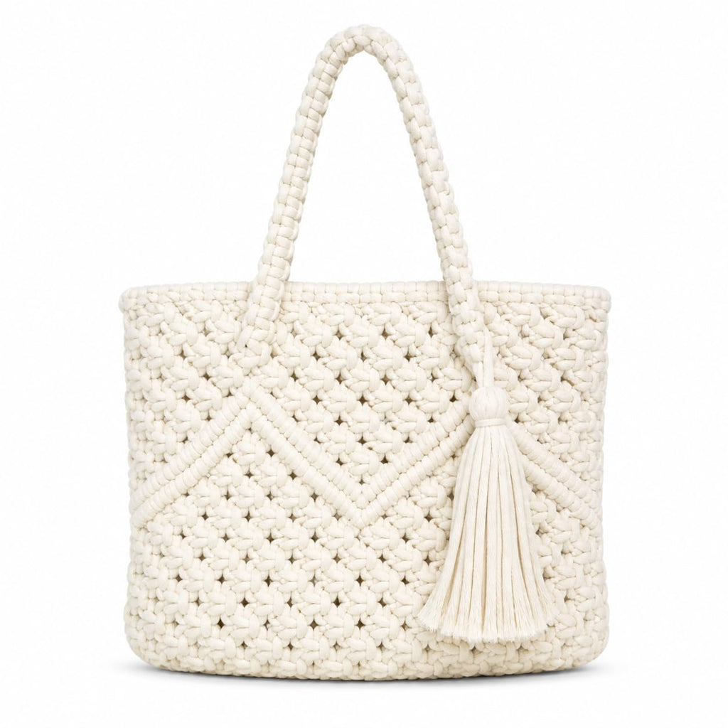 Lidloom Creation Handmade Cotton Macrame Tote Bag with Zipper & Lining | Eco-Friendly Small Shoulder Handbag for Women & Girls | Made in India | Unique Gift Under 300 | Off-White,1- Piece, Size 7X9 in