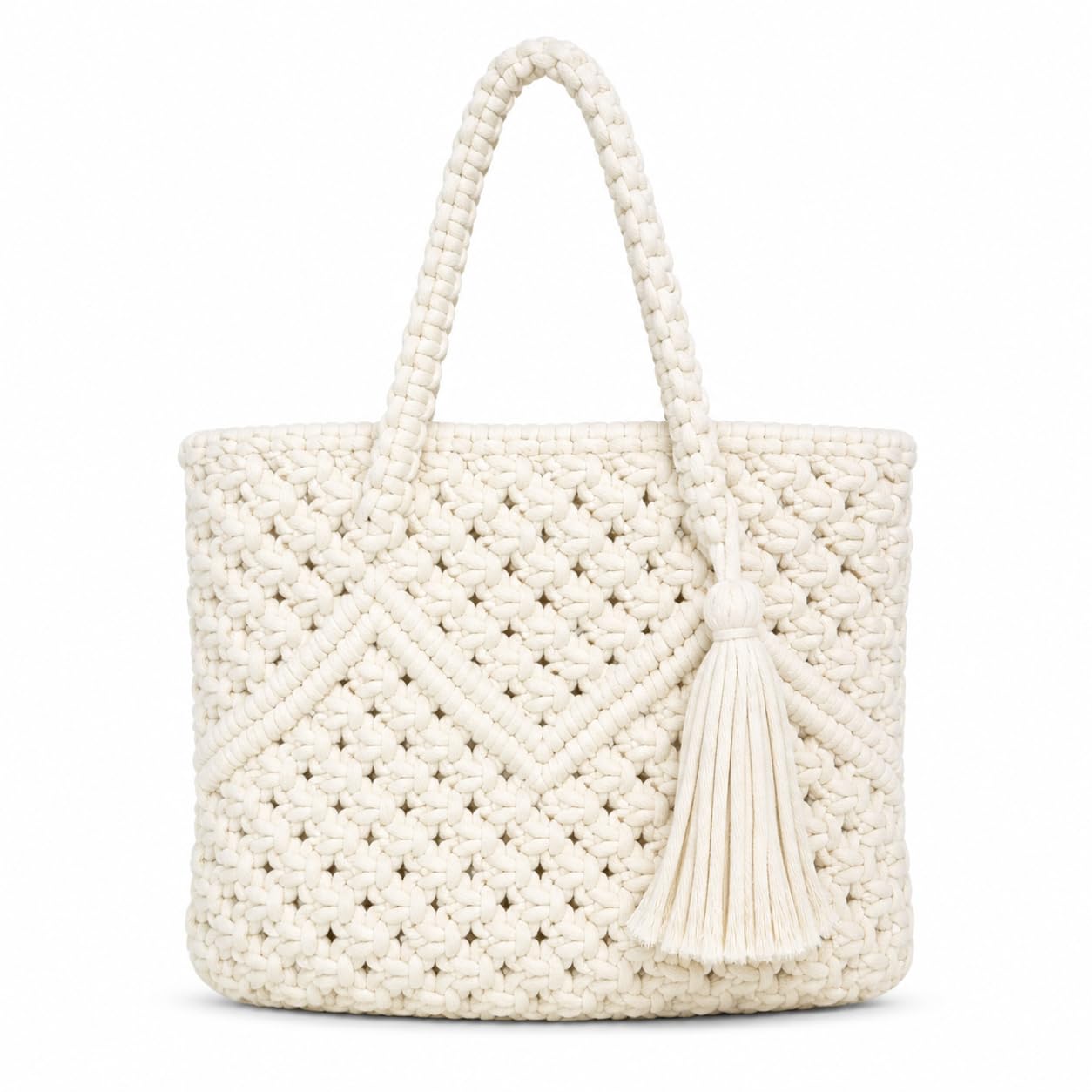 Lidloom Creation Handmade Cotton Macrame Tote Bag with Zipper & Lining | Eco-Friendly Small Shoulder Handbag for Women & Girls | Made in India | Unique Gift Under 300 | Off-White,1- Piece, Size 7X9 in