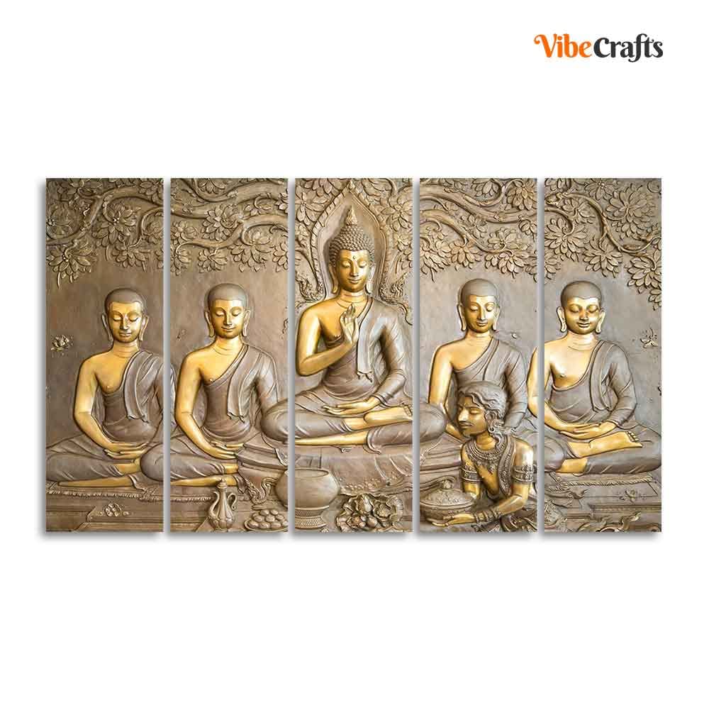 VIBECRAFTS Buddha In Temple 5 Pieces Canvas Wall Painting For Home | Office | Living Room | Gift (PTVC5Pcs4_8510)
