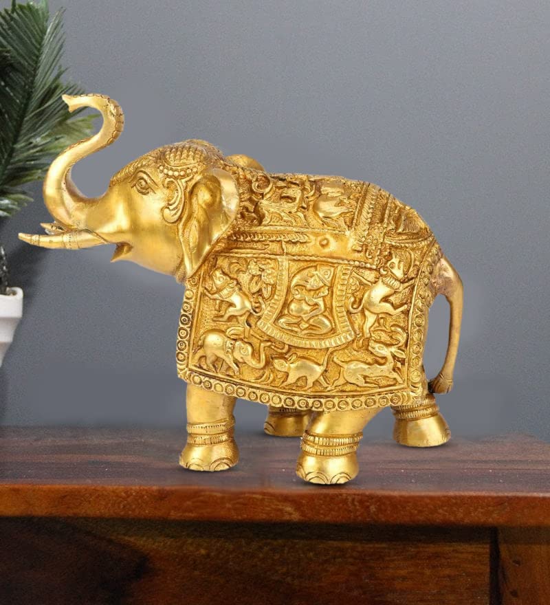 ARTVARKO Brass Elephant Ganesha Carving Trunk Up Royal Hathi Showpiece for Home Decor (LxWxH): 8.5 x3.5 x7 Inch, Weight 3.1 Kg
