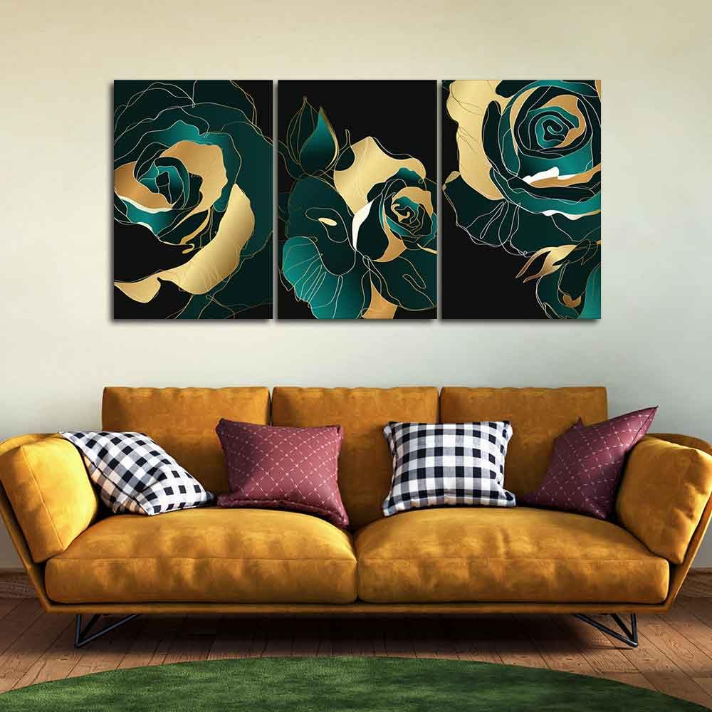 VIBECRAFTS 3 Pieces Abstract Line Art Rose Flower Canvas Wall Painting Fitted With Wooden Frame For Home | Office | Living Room | Gifts(PTVC3Pcs3_11508N)