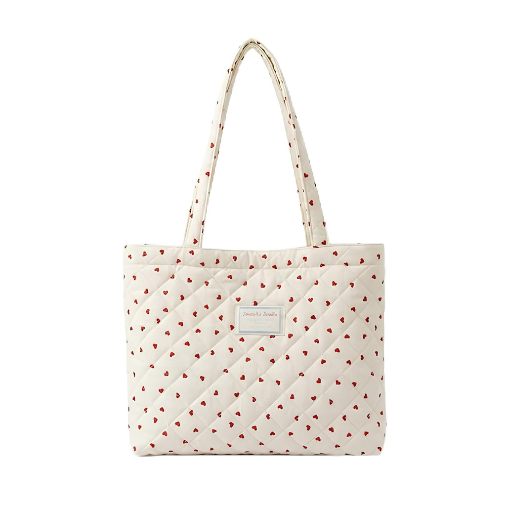 Gowloz Quilted Love Heart Plaid Tote Bag for Women, Large Capacity Lightweight Shoulder Bag for Travel, Shopping & Work, Stylish Durable Daily Use Fashion Tote Bag