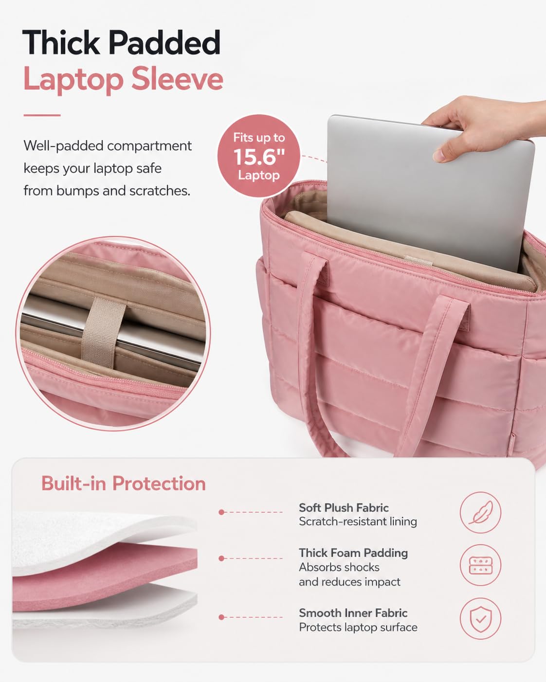 Tressential Puffer Tote Bag for Women, Lightweight, 20L Capacity with 15.6 inch Laptop Compartment, Side Pockets, Office, College and Travel (Pink)