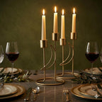 Modern Iron Double Candle Holder Set of 2 – Gold Metal Decorative Candle Stand for Home Decor, Table Centerpiece for Living Room Dining Table Bedroom (6.5 x 3.5 Inches) – Without Candles (Waning-Moon)
