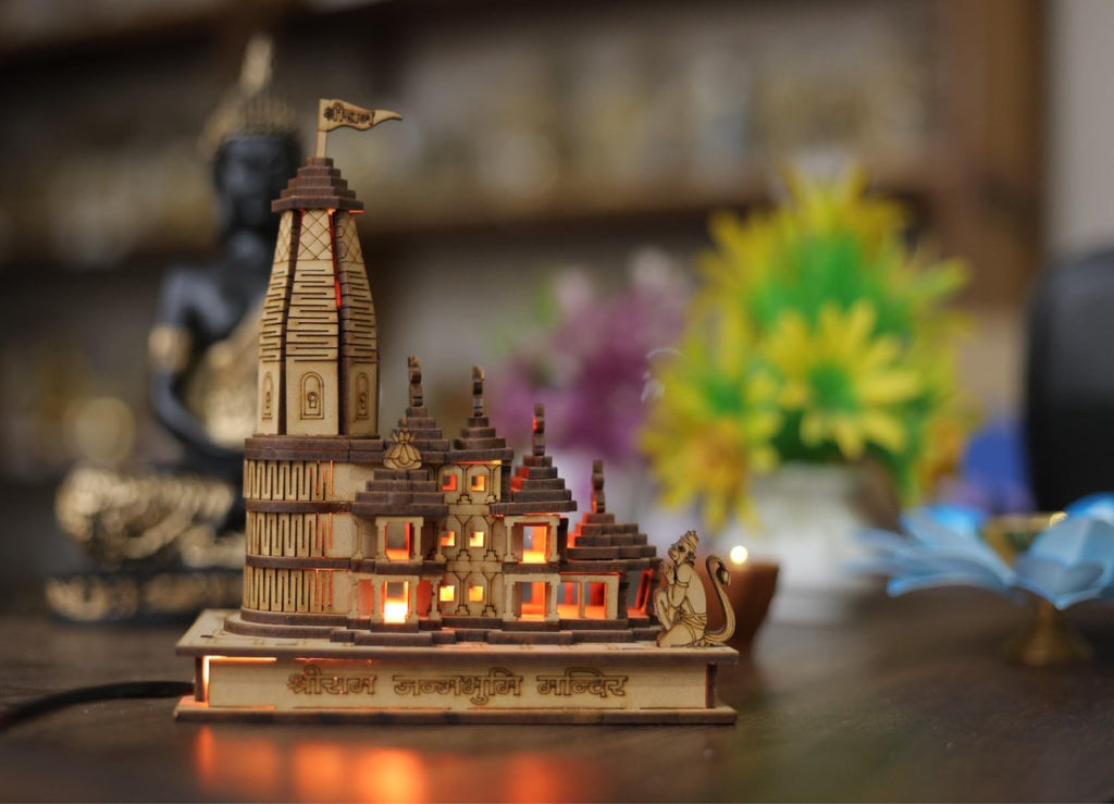HaridwarDivine Ram Mandir Ayodhya 3D Model Wooden with LED Light (15x9x17) CM | Detachable Ram Mandir|Beautiful