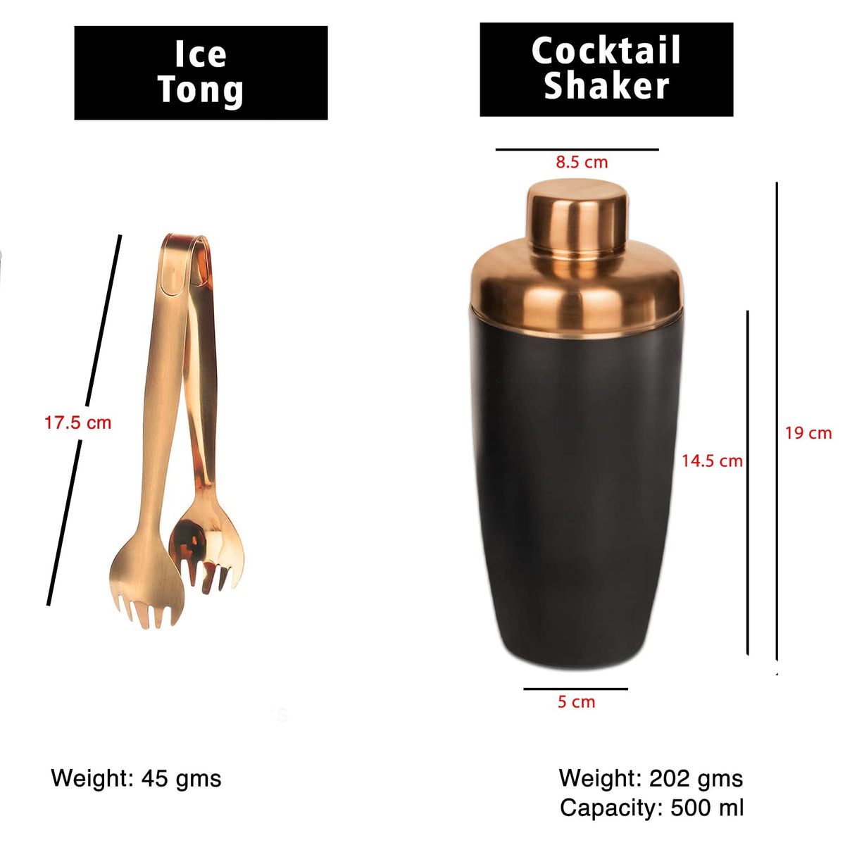 Steren Impex | Stainless Steel 4 Piece Copper (PVD Coated) Bar Set for Drink/Gift, Double Wall - Ice Bucket, Tong, Peg Measure & Cocktail Shaker