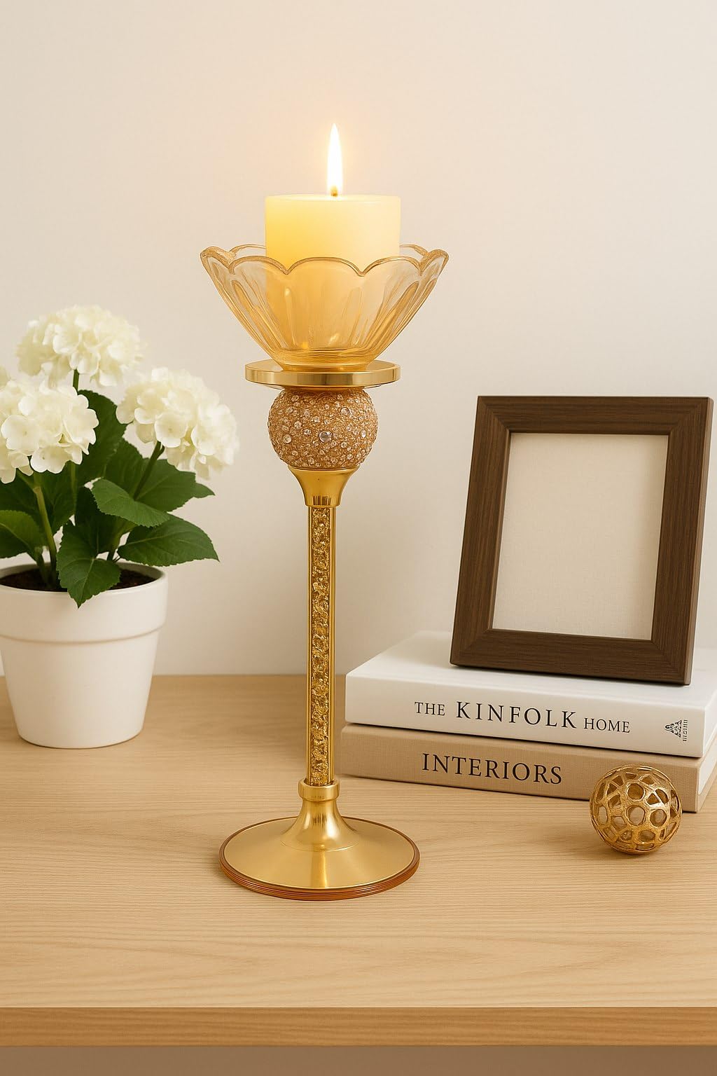 B2 Crystal Metal Candle Holder Stand for Home Decor | Gold Finish Glass Votive Candle Stand | Pillar Candle Holder for Living Room, Dining Table, Wedding, Diwali & Festive Decoration (Big - 1)