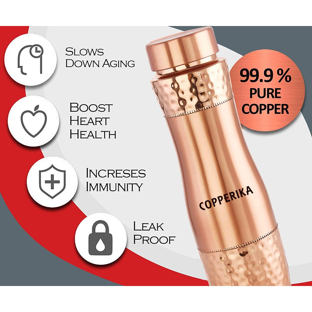 Copperika Tatva Gift Set Copper Water Bottle 1000ml + Copper Glass (Pack of 2-300ml Each) Original Heavy Build |BPA Free With Ayurvedic & Other Health Benefits | Marriage & Return Gift Set