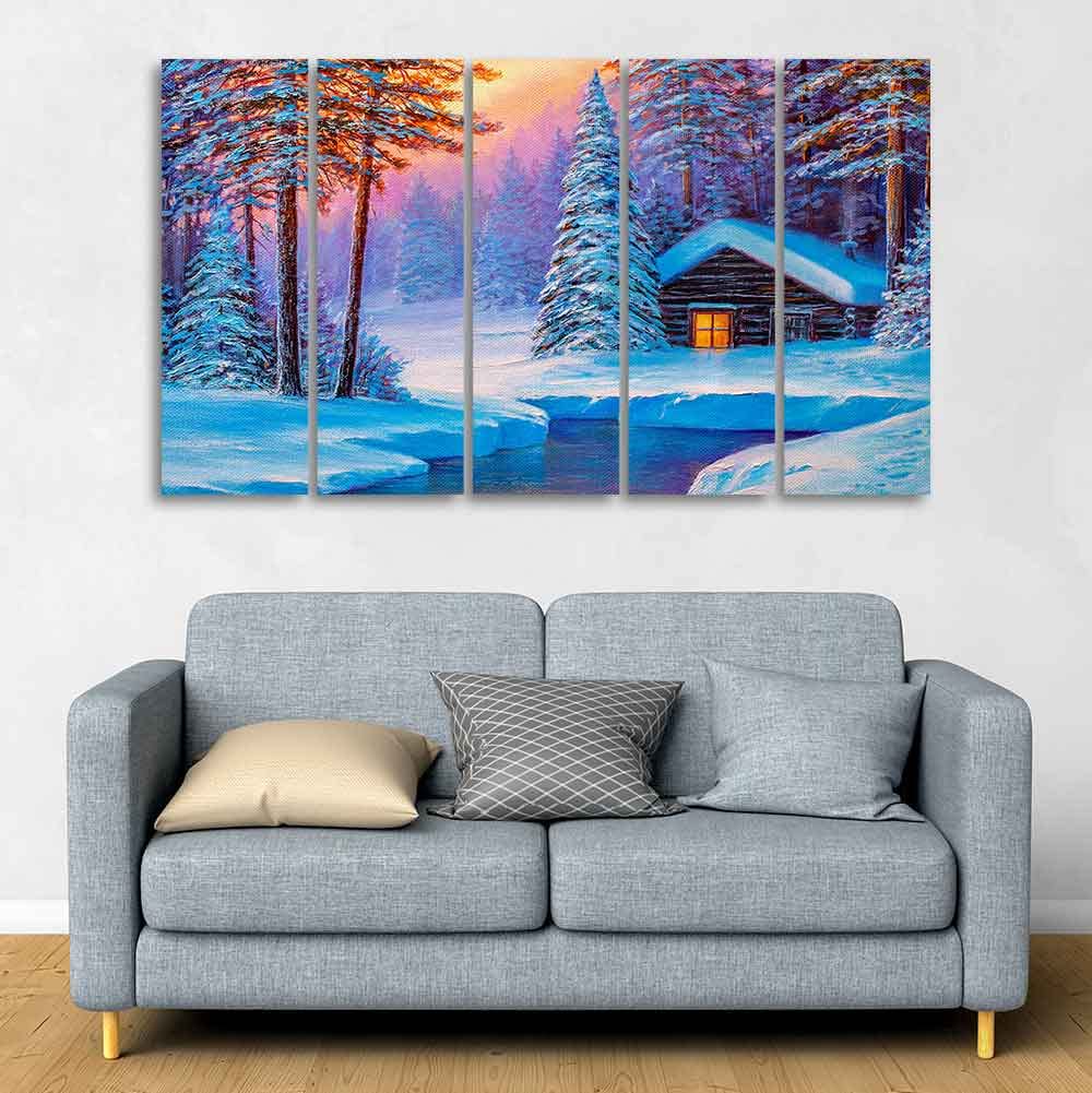 VIBECRAFTS Old Hut in the Winter Forest Canvas Wall Painting of Five Pieces For Home|Office|Living Room|Gift (PTVC5Pcs4_8668)