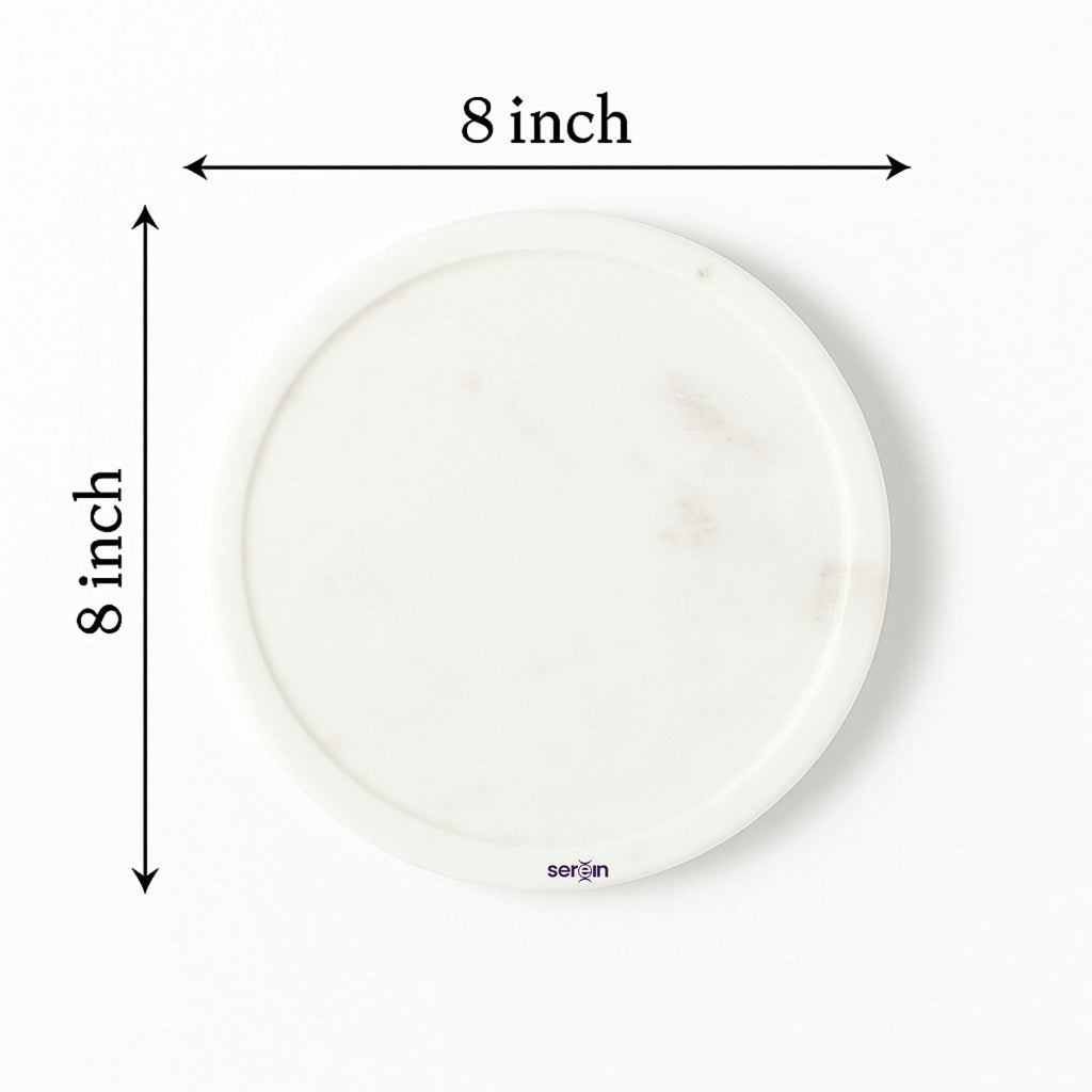 Serein Modern Round White Marble Tray Platter Trinket Vanity Storage Organizer Handmade Marble Serving Tray for Perfume, Jewelry, Coffee Table Decor for Makeup Organizer, Bathroom, Kitchen -8 Inch
